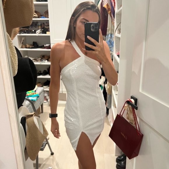 bella hadid blue mini dress Bellarose Draped Back Mini Dress Baby Blue